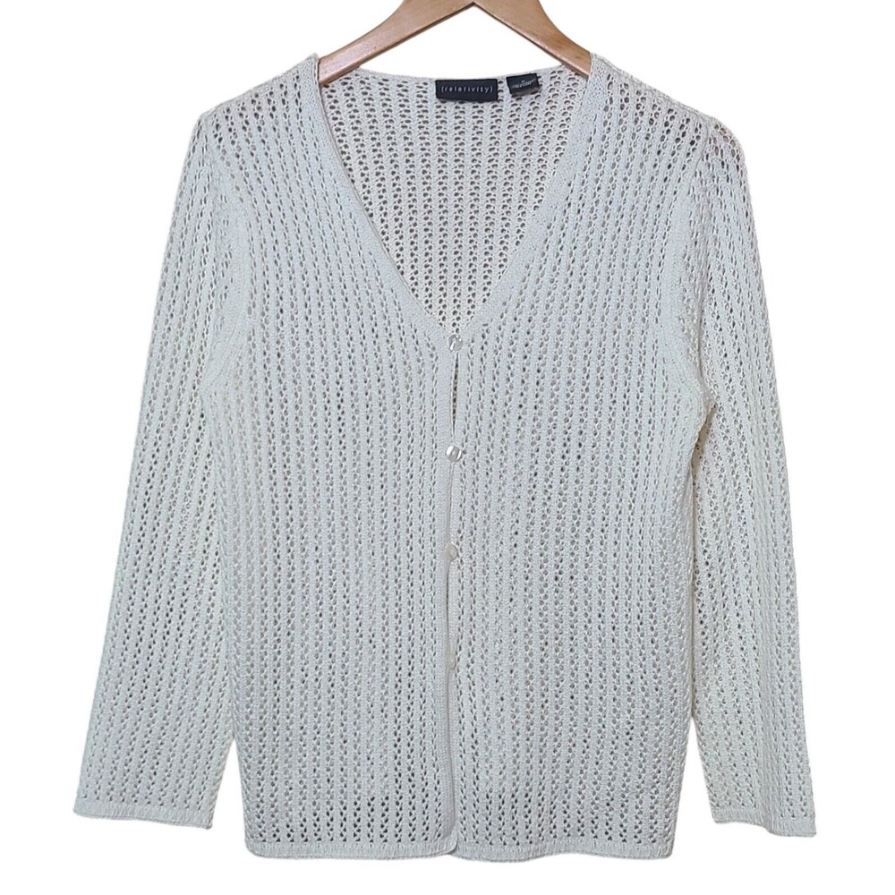 Relativity White Knit/ Crochet Longsleeve Cardigan Acrylic Women's Size Medium